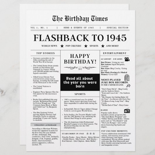 Geboren in 1945 Mock Krant zwart-wit (Voorkant / Achterkant)