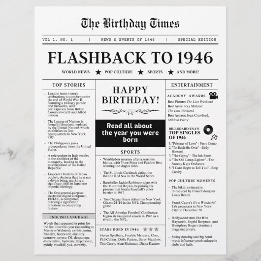 Geboren in 1946 Fun Newspaper zwart en wit (Voorkant)