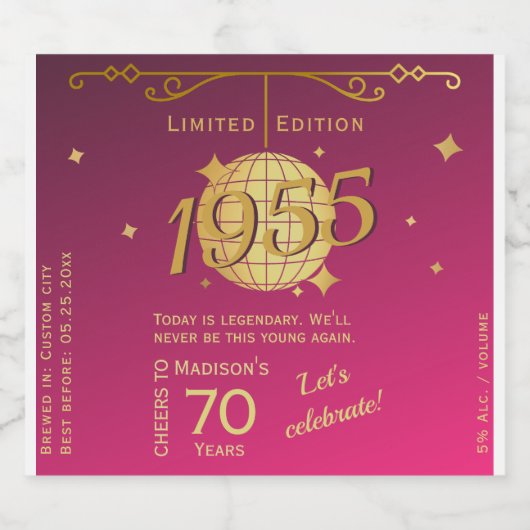 Geboren in 1955 70ste verjaardagsfeest roze bier L Bier Etiket (Enkel label)
