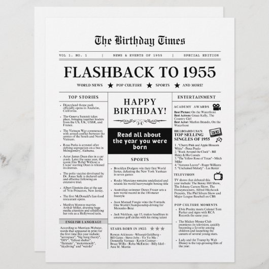 Geboren in 1955 Mock Krant zwart-wit (Voorkant / Achterkant)