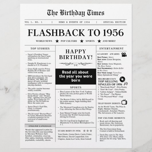 Geboren in 1956 Fun Zwart-wit krant (Voorkant)