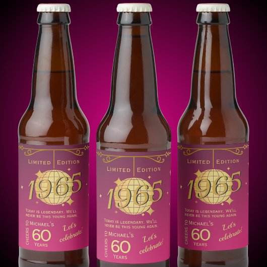 Geboren in 1965 60ste verjaardagsfeest roze bier L Bier Etiket