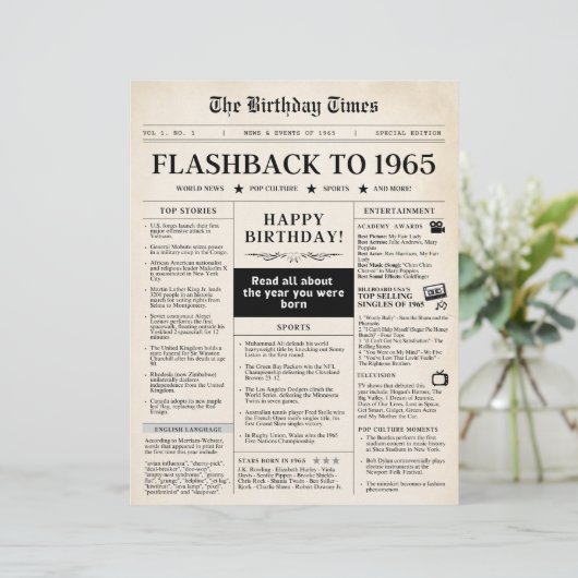 Geboren in 1965 Mock Newspaper voor 60e verjaardag (Staand voorkant)