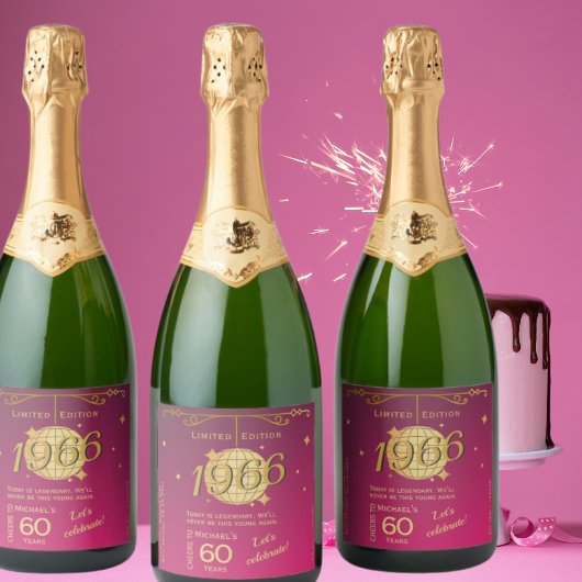 Geboren in 1966 60ste verjaardagsfeest roze bier L Sparkling Wijnetiket