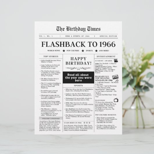 Geboren in 1966 Mock Newspaper (Staand voorkant)