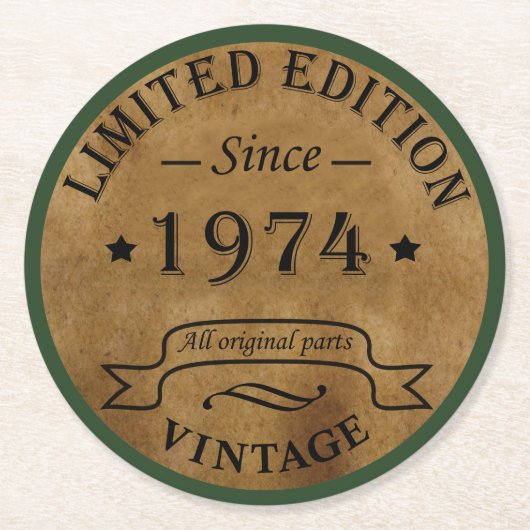 Geboren in 1974 op  verjaardag ronde kartonnen onderzetter (Voorkant)