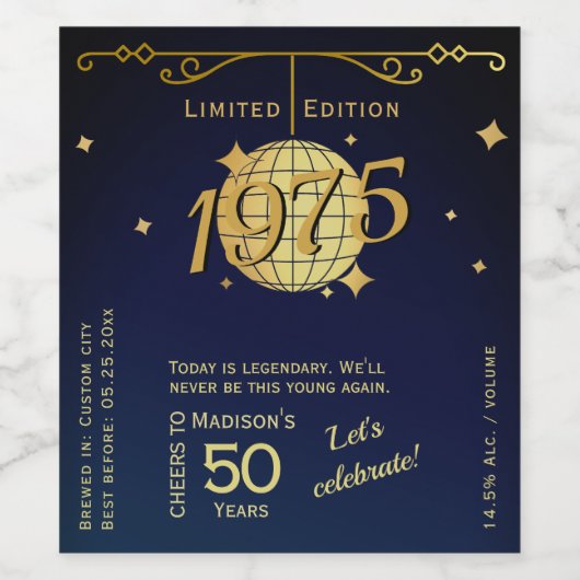 Geboren in 1975 50ste verjaardagsfeest blauw wijnl wijn etiket (Enkel label)