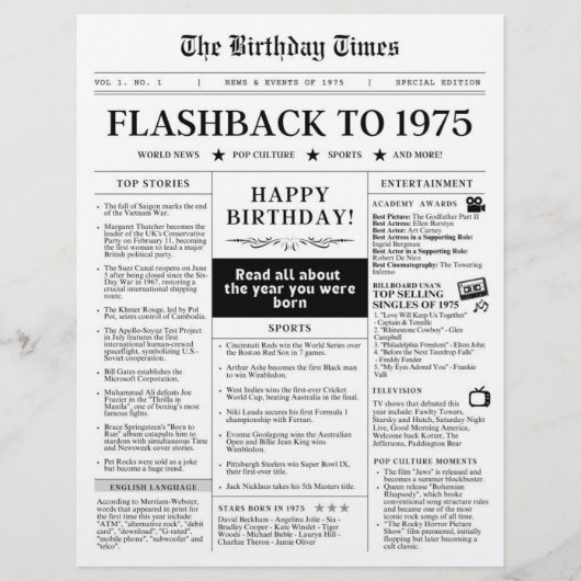 Geboren in 1975 Mock Krant zwart-wit (Voorkant)