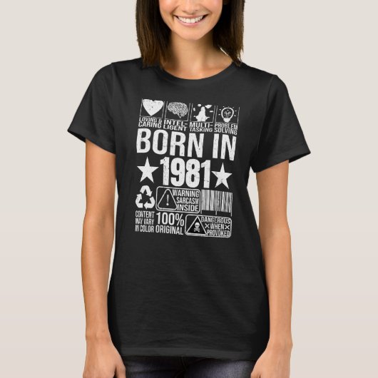 Geboren in 1981: Content Warning Label Barcode Bir T-shirt (Voorkant)