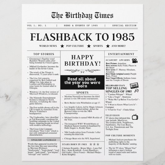 Geboren in 1985 Mock Krant zwart-wit (Voorkant)