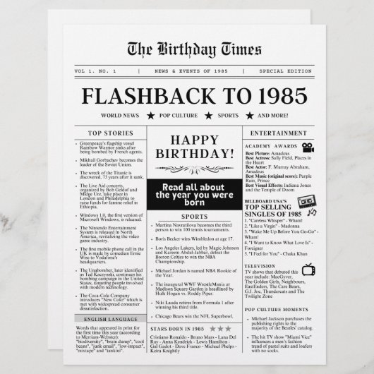 Geboren in 1985 Mock Krant zwart-wit (Voorkant / Achterkant)