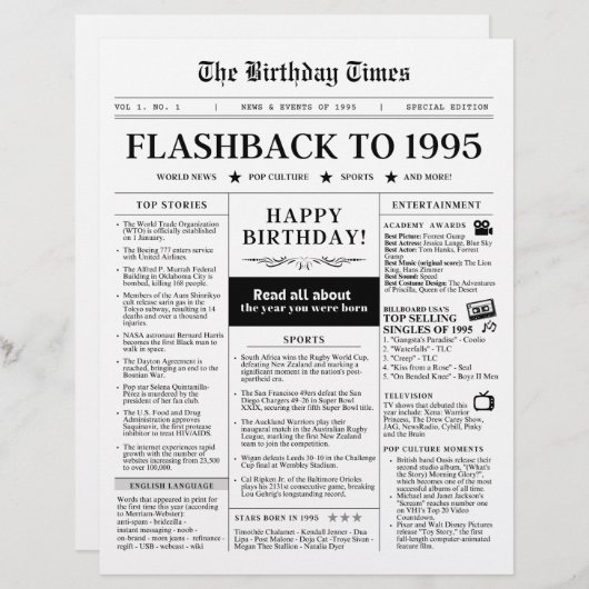 Geboren in 1995 Mock Krant zwart-wit (Voorkant / Achterkant)