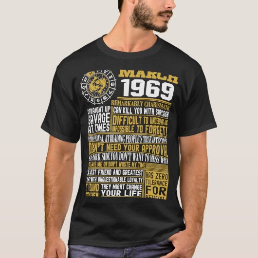 Geboren in maart 1969 52e verjaardag Vissen Zodiac T-shirt (Voorkant)