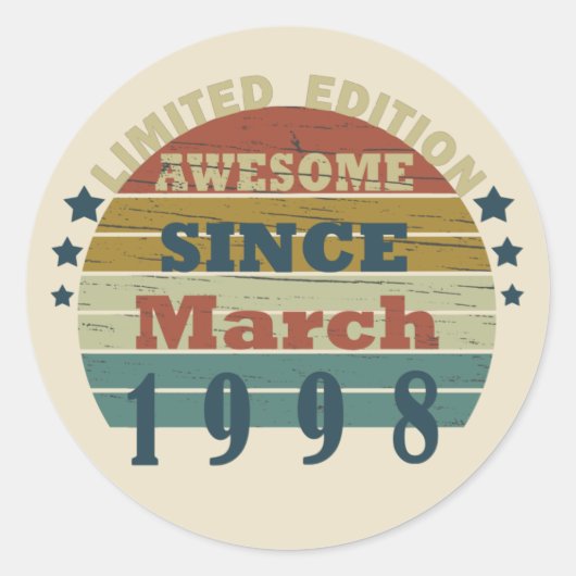 geboren in maart 1998 verjaardag ronde sticker (Voorkant)