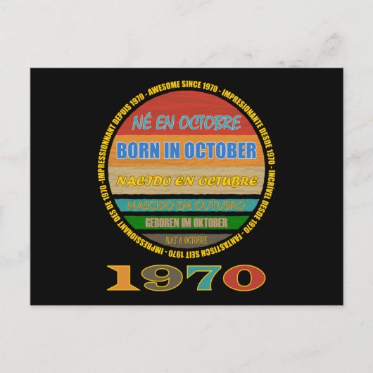 Geboren in oktober Geweldig sinds 1970 Veel talen Briefkaart (Voorkant)