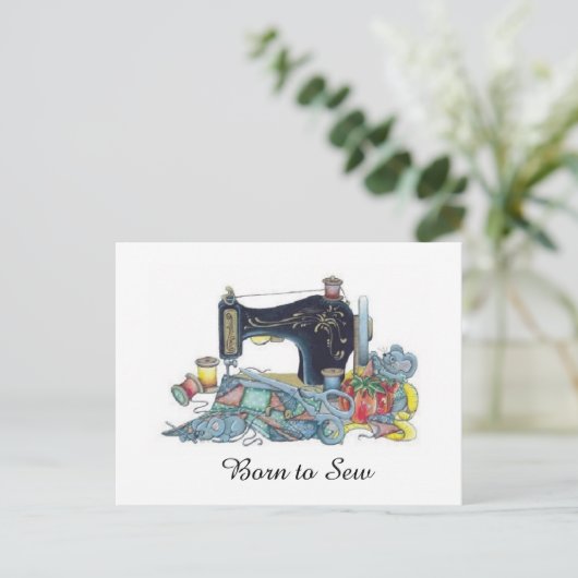Geboren in Sew. naaimachine. Briefkaart (Staand voorkant)