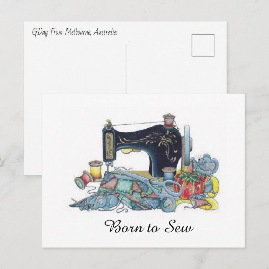 Geboren in Sew. naaimachine. Briefkaart (Voorkant / Achterkant)