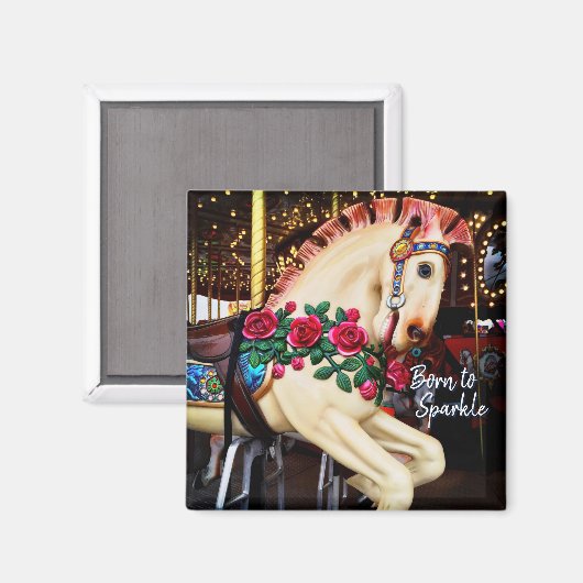 Geboren in Sparkle Carousel Horse met Rozen Foto Magneet (Voorkant / Achterkant)