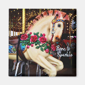 Geboren in Sparkle Carousel Horse met Rozen Foto Magneet (Voorkant)