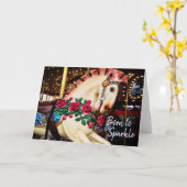 Geboren in Sparkle Carousel Horse Photo Calligraph Kaart (Gele Bloem)