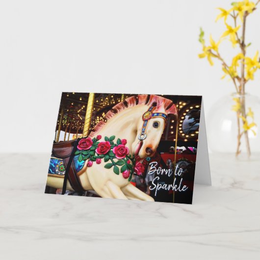 Geboren in Sparkle Carousel Horse Photo Calligraph Kaart (Gele Bloem)