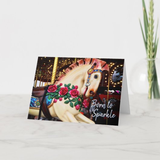 Geboren in Sparkle Carousel Horse Photo Calligraph Kaart (Voorkant)