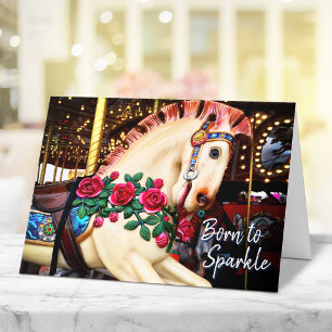 Geboren in Sparkle Carousel Horse Photo Calligraph Kaart