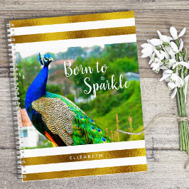 Geboren in Sparkle Chic Peacock | Goudwitte strepe Notitieboek