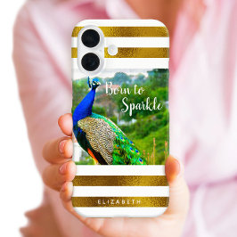 Geboren om Sparkle Chic Peacock Gold White Stripes iPhone 16 Hoesje