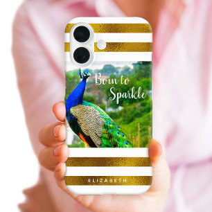 Geboren om Sparkle Chic Peacock Gold White Stripes iPhone 16 Hoesje