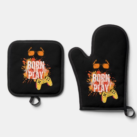 geboren om spelletjes te spelen ovenwant & pannenlap set (Voorkant)