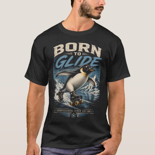 Geboren om te Glijden – Retro Roller Skating Pengu T-shirt (Voorkant)