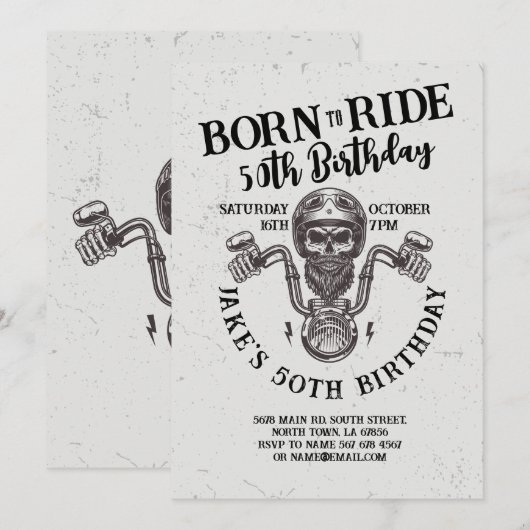Geboren om te rijden biker verjaardag schedel kaart (Voorkant / Achterkant)