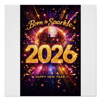 Geboren om te schitteren 2026 Disco Bal Gelukkig N Perfect Poster