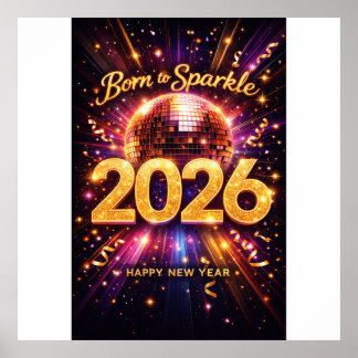 Geboren om te schitteren 2026 Disco Bal Gelukkig N Poster