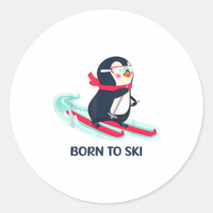 Geboren om te skiën schattige pinguïn skiën winter ronde sticker