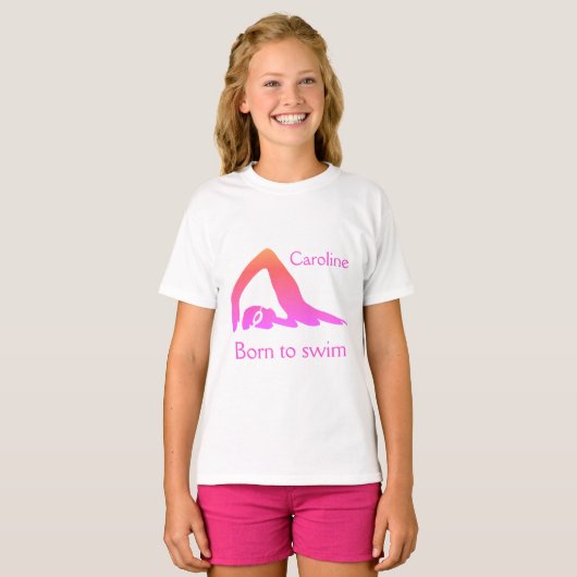 Geboren om te zwemmen, meisjes, roze, met jouw naa t-shirt (Voorkant volledig)