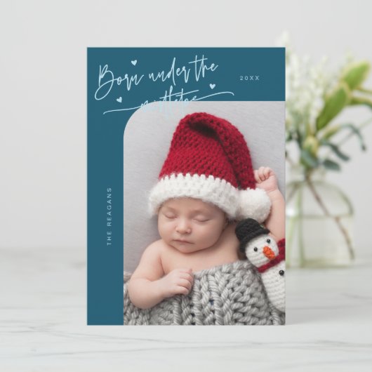 Geboren onder Mistletoe Blauwgroen Geboorteaankond Aankondiging (Staand voorkant)