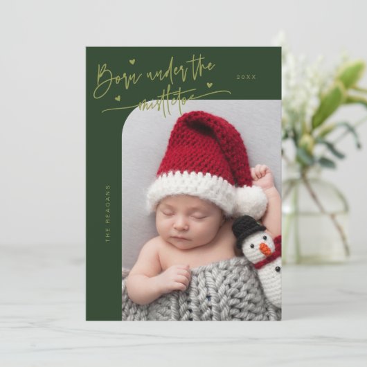 Geboren onder Mistletoe Green Geboorteaankondiging Aankondiging (Staand voorkant)