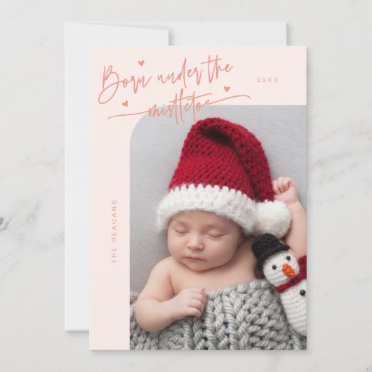 Geboren onder Mistletoe Peach Geboorteaankondiging Aankondiging (Voorkant)