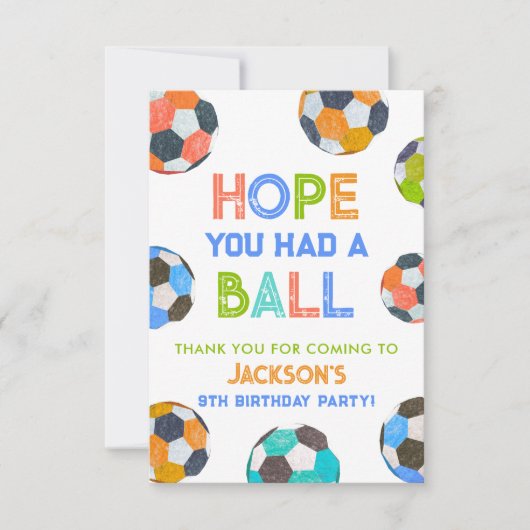Geboren op Ball Soccer verjaardagsfeestje Bedankkaart (Voorkant)