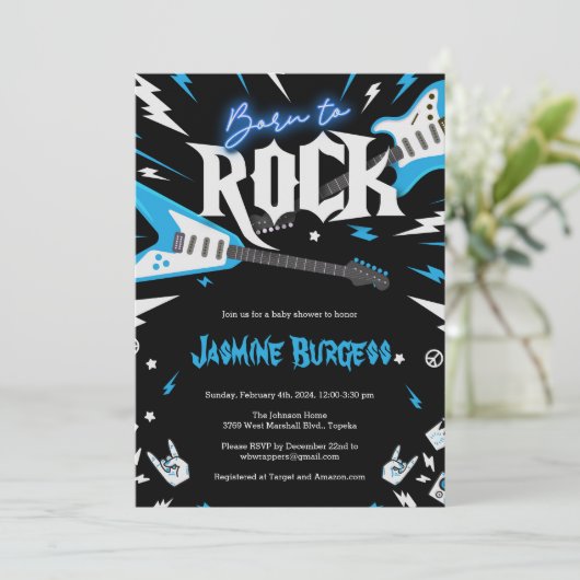 Geboren op ROCK Baby shower Invitation, Guitar Inv Kaart (Staand voorkant)