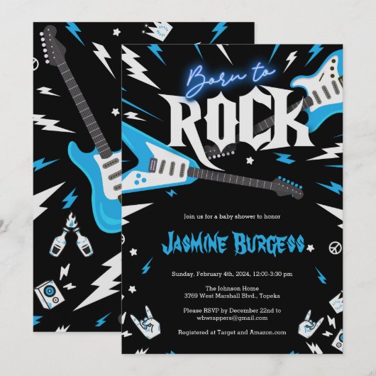 Geboren op ROCK Baby shower Invitation, Guitar Inv Kaart (Voorkant / Achterkant)