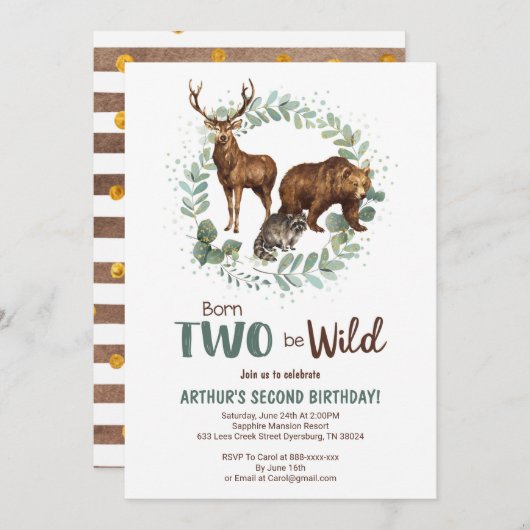 Geboren op twee "Be Wild Woodland Birthday Invitat Aankondiging (Voorkant / Achterkant)