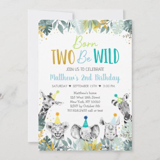 Geboren op twee "Wild Blue Gold Party Animal Birth Kaart (Voorkant)