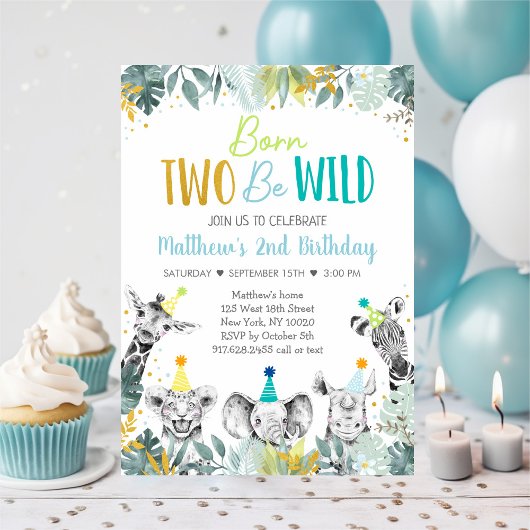Geboren op twee "Wild Blue Gold Party Animal Birth Kaart
