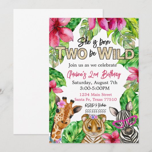 Geboren op TWO: Wild Birthday Invitation Kaart (Voorkant / Achterkant)
