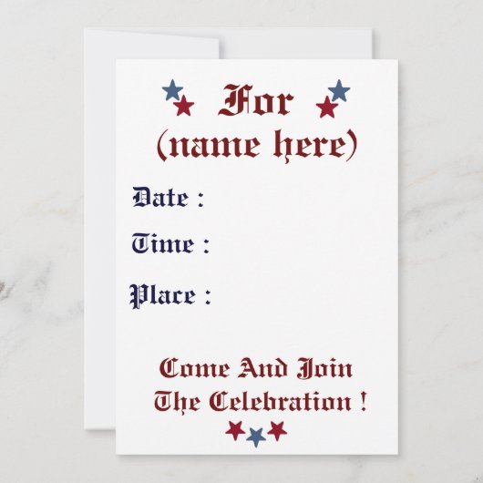 GEBOREN OP VIERDE JULI BIRTHDAY-INVITATIE KAART (Achterkant)