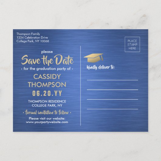 Geborsteld Blauw & Goud Afstuderen Foto Bewaar de  Briefkaart (Achterkant)