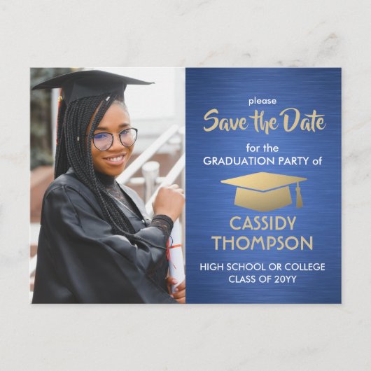 Geborsteld Blauw & Goud Afstuderen Foto Bewaar de  Briefkaart (Voorkant)